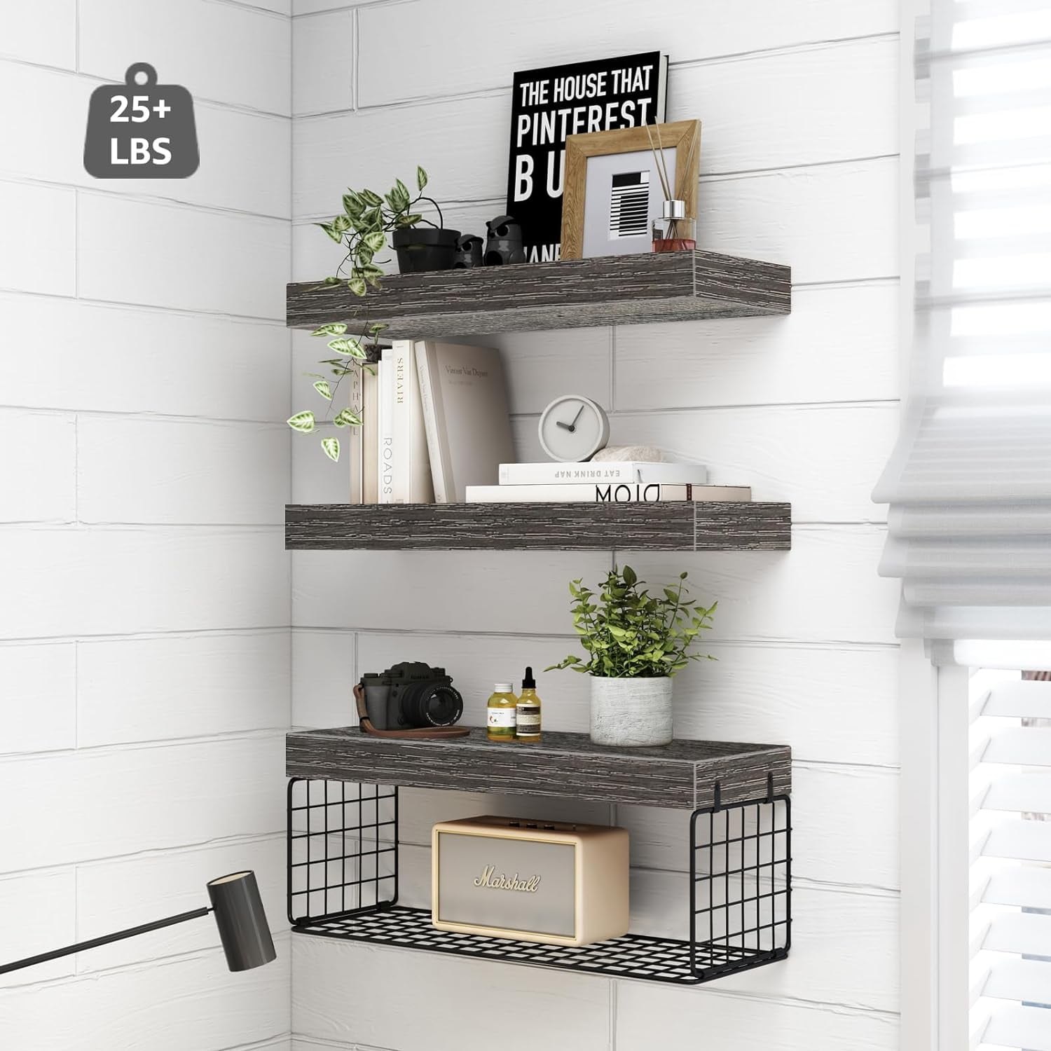 Gray MDF Floating Shelves with Metal Basket, Set of 3
