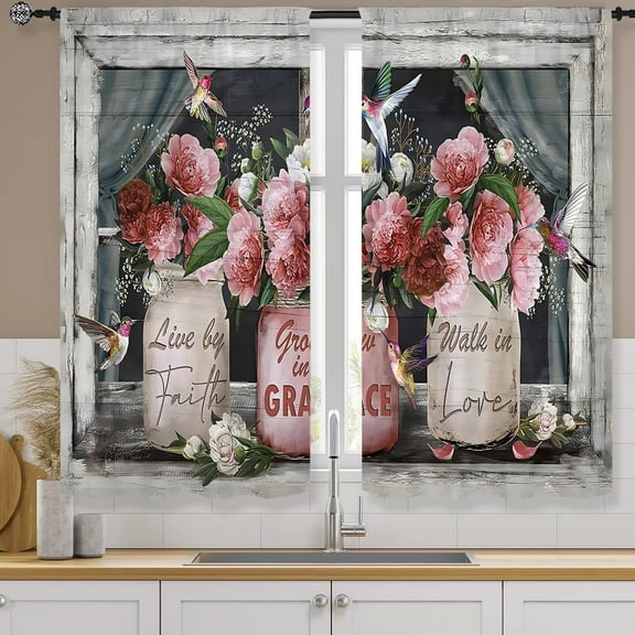 Rusitc Pink Rose Kitchen Curtains 27.5W X 39L Inch 2 Panels Rod Pocket Light Pink Flower French Country Small Short Cafe Curtain Mason Jar Farmhouse Window Drapes Treatment Home Decor