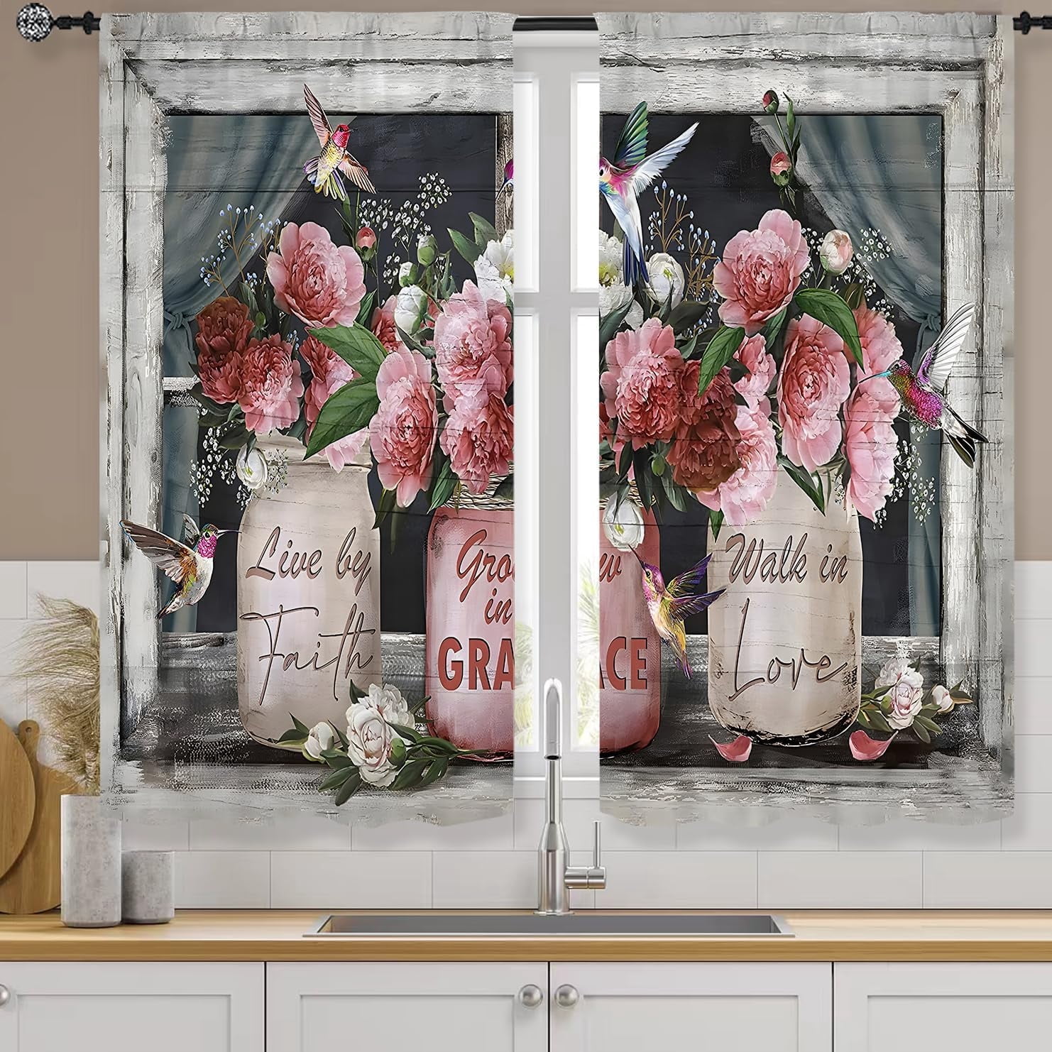 Rusitc Pink Rose Kitchen Curtains 27.5W X 39L Inch 2 Panels Rod Pocket ...