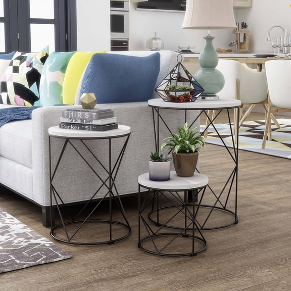 Rusk Wood 3-Piece Nesting Tables, White and Black