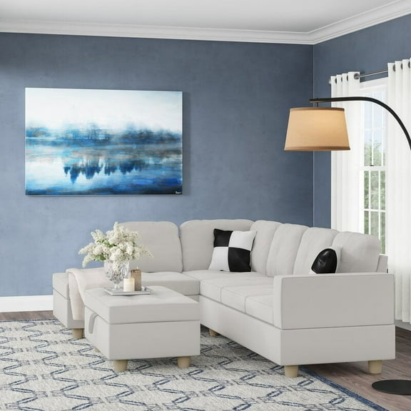 Russ 103.5" Wide Faux Leather Sofa & Chaise with Ottoman