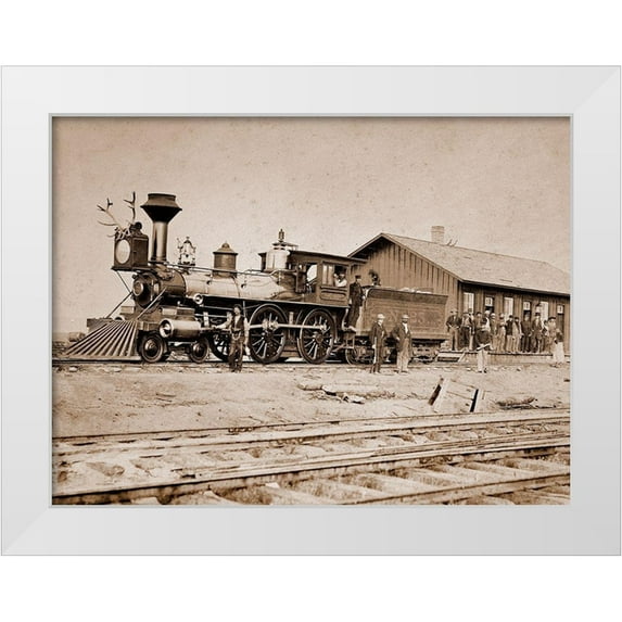 Russell, A.J. 18x15 White Modern Wood Framed Museum Art Print Titled - Wyoming Station, Engine 23 on Main Track, May 1868
