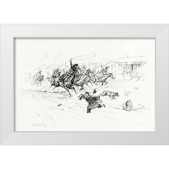 Russell, Charles 24x17 White Modern Wood Framed Museum Art Print Titled - Painting the Town, 1899