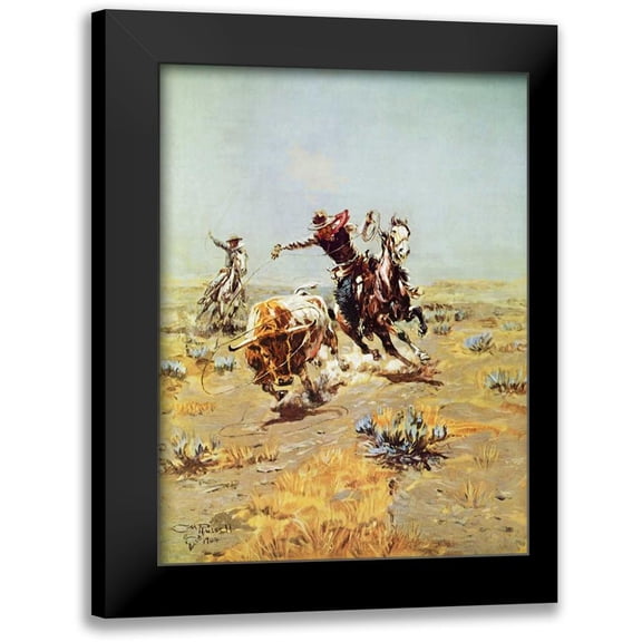 Russell, Charles M. 12x14 Black Modern Framed Museum Art Print Titled - Cowboy Roping a Steer