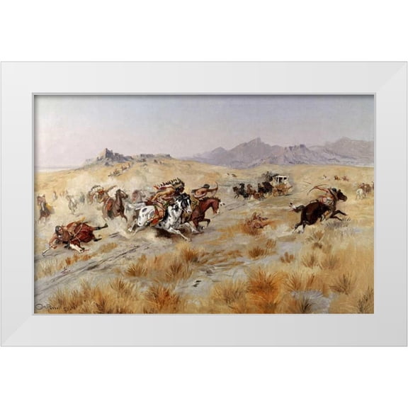 Russell, Charles M. 14x10 White Modern Wood Framed Museum Art Print Titled - Attack
