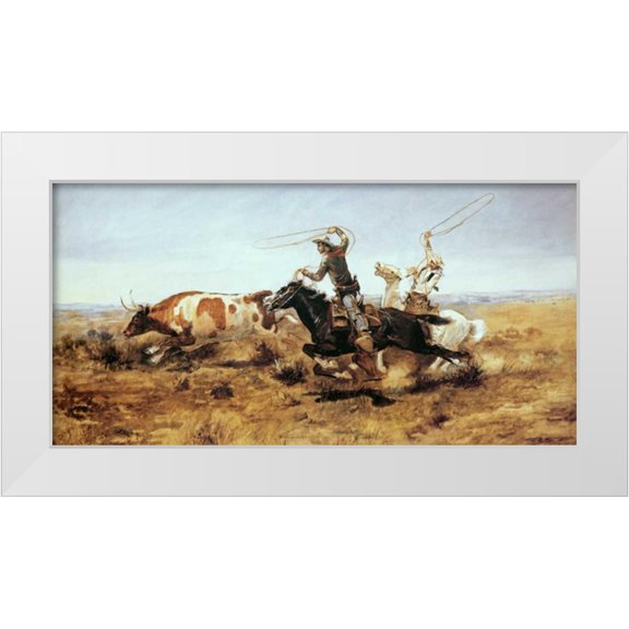 Russell, Charles M. 14x9 White Modern Wood Framed Museum Art Print Titled - O. H. Cowboys Roping a Steer