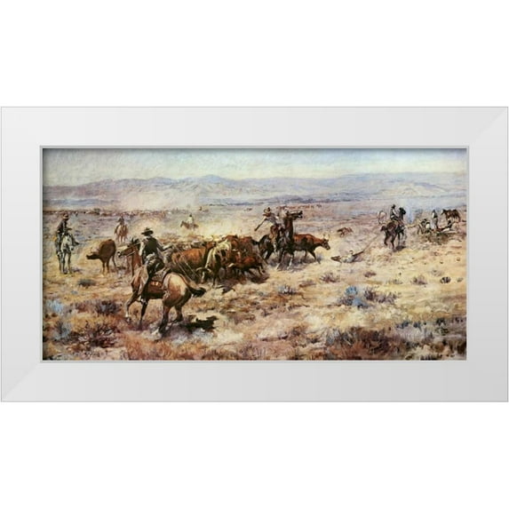 Russell, Charles M. 14x9 White Modern Wood Framed Museum Art Print Titled - The Round-Up