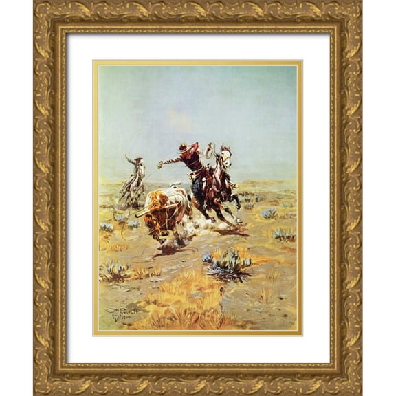 Russell, Charles M. 19x24 Gold Ornate Wood Framed with Double Matting Museum Art Print Titled - Cowboy Roping a Steer