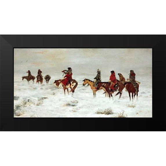 Russell, Charles M. 24x14 Black Modern Framed Museum Art Print Titled - Lost In A Snowstorm - We Are Friends