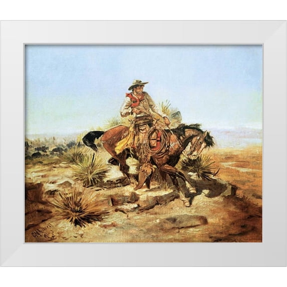 Russell, Charles M. 30x26 White Modern Wood Framed Museum Art Print Titled - Riding Line