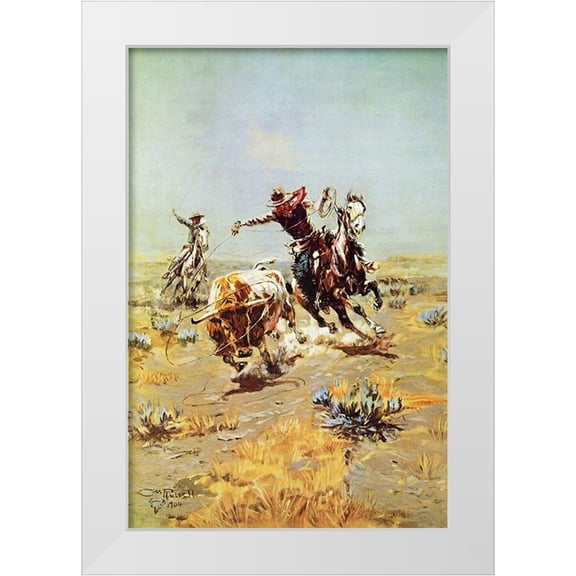 Russell, Charles Marion 11x14 White Modern Wood Framed Museum Art Print Titled - Cowboy Roping a Steer