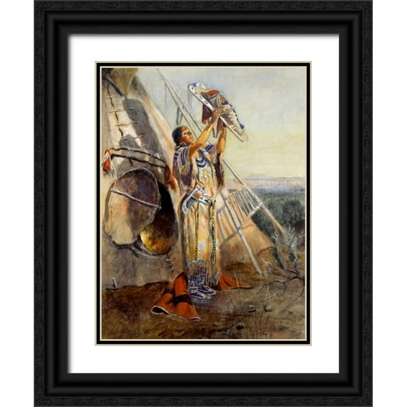 Russell, Charles M. 12x14 Black Ornate Wood Framed with Double Matting Museum Art Print Titled - Sun Worship in Montana