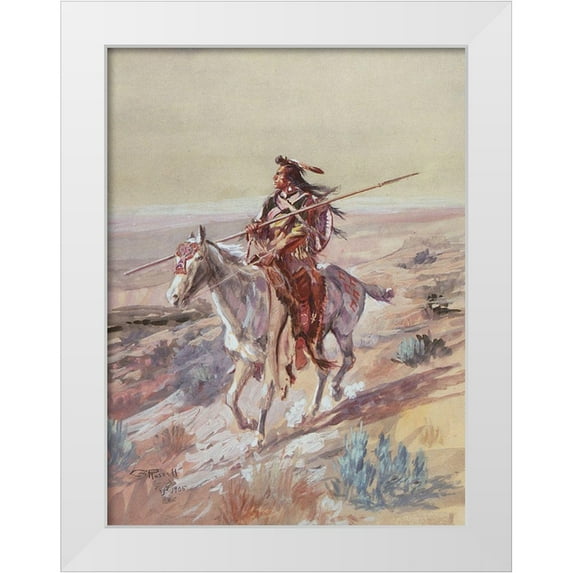 Russell, Charles Marion 12x14 White Modern Wood Framed Museum Art Print Titled - Indian with Spear