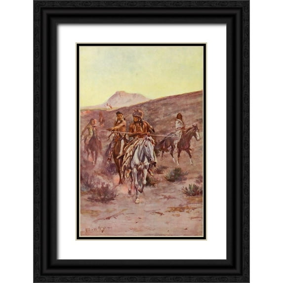 Russell, Charles Marion 13x18 Black Ornate Wood Framed with Double Matting Museum Art Print Titled - An old-time hunting party