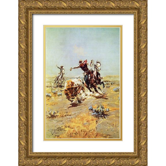 Russell, Charles Marion 13x18 Gold Ornate Wood Framed with Double Matting Museum Art Print Titled - Cowboy Roping a Steer