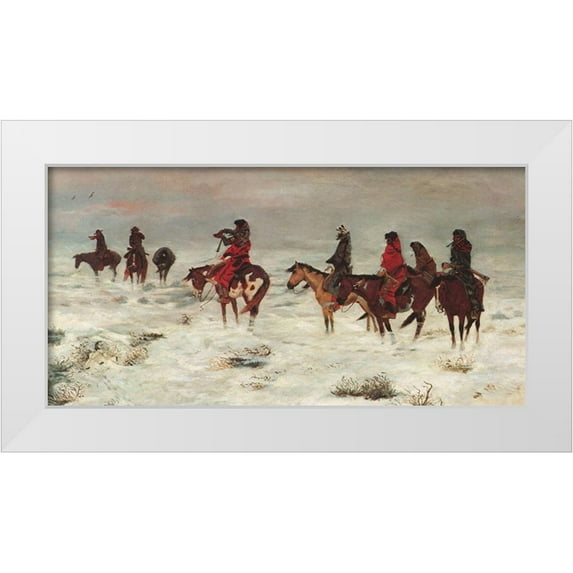 Russell, Charles Marion 18x11 White Modern Wood Framed Museum Art Print Titled - Lost in Snowstorm We are Friends