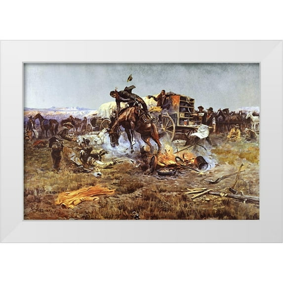 Russell, Charles Marion 18x13 White Modern Wood Framed Museum Art Print Titled - The Camp Cooks Troubles
