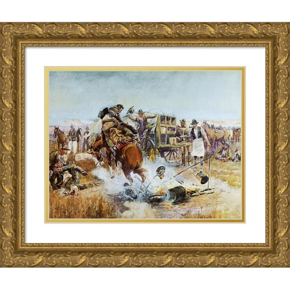 Russell, Charles Marion 18x15 Gold Ornate Wood Framed with Double Matting Museum Art Print Titled - Bronc to Breakfast