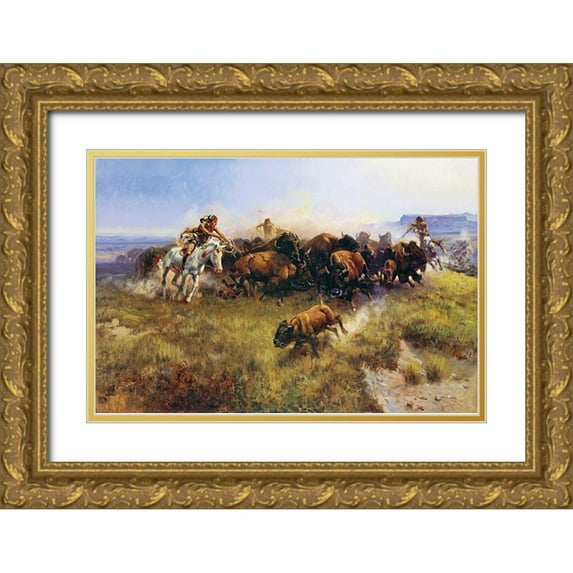 Russell, Charles Marion 24x17 Gold Ornate Wood Framed with Double Matting Museum Art Print Titled - The Buffalo Hunt No. 39