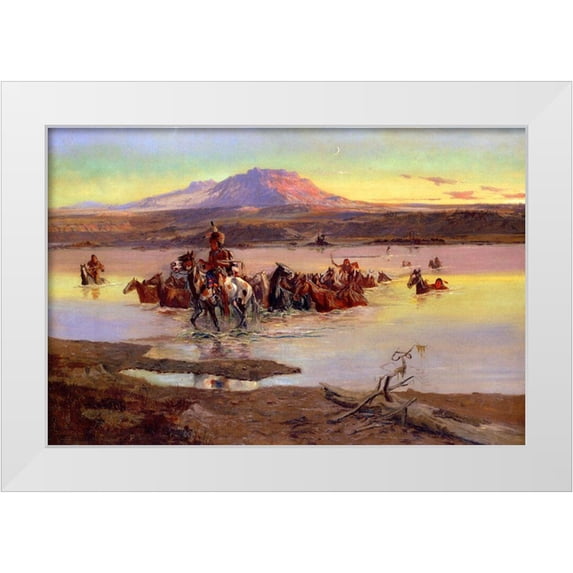 Russell, Charles Marion 24x17 White Modern Wood Framed Museum Art Print Titled - Fording the Horse Herd