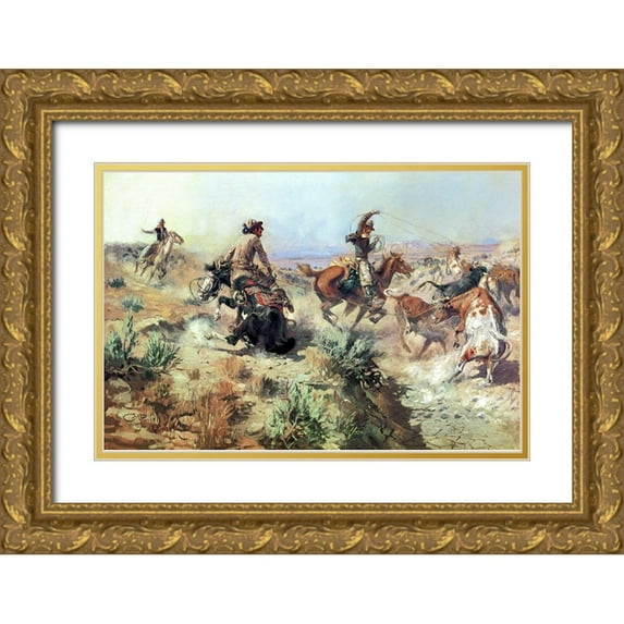 Russell, Charles Marion 32x23 Gold Ornate Wood Framed with Double Matting Museum Art Print Titled - Jerked Down