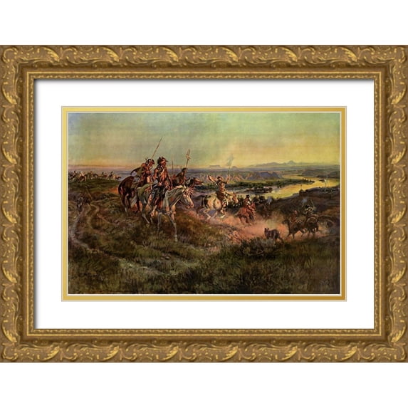 Russell, Charles Marion 32x23 Gold Ornate Wood Framed with Double Matting Museum Art Print Titled - Salute of the Robe Trade