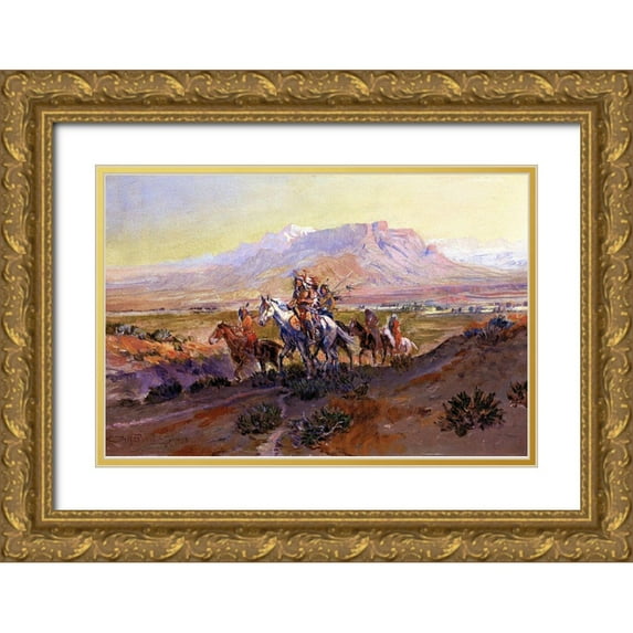 Russell, Charles Marion 32x23 Gold Ornate Wood Framed with Double Matting Museum Art Print Titled - The Forked Trail