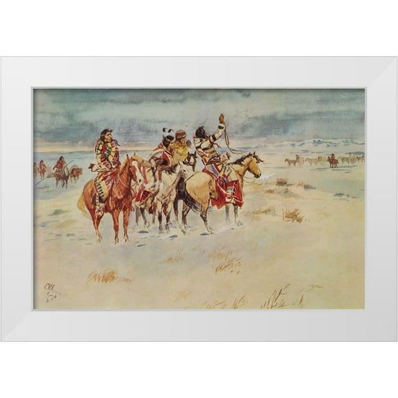 Russell, Charles Marion 32x23 White Modern Wood Framed Museum Art Print Titled - Indians Hailing Immigrants