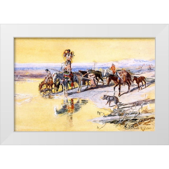 Russell, Charles Marion 32x23 White Modern Wood Framed Museum Art Print Titled - Indians Traveling on Travois