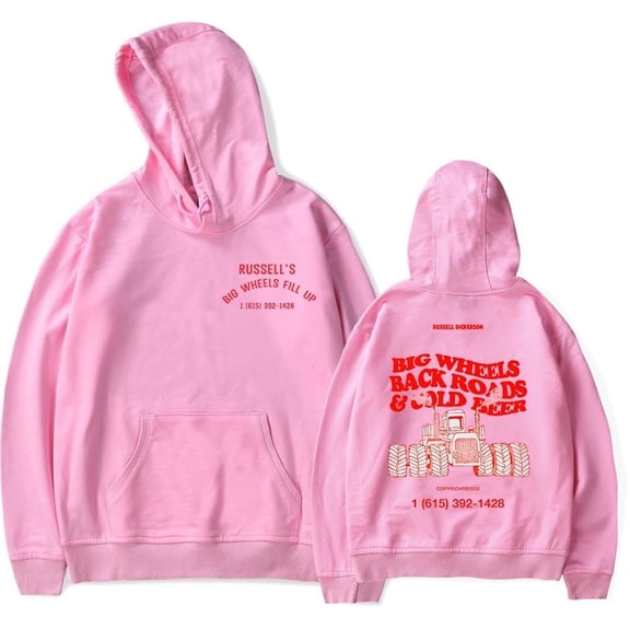 Russell Dickerson Merch Big Wheels Fill Up Hoodie Unisex Fashion Long-Sleeve Casual Sweatshirt,2XS,Pink