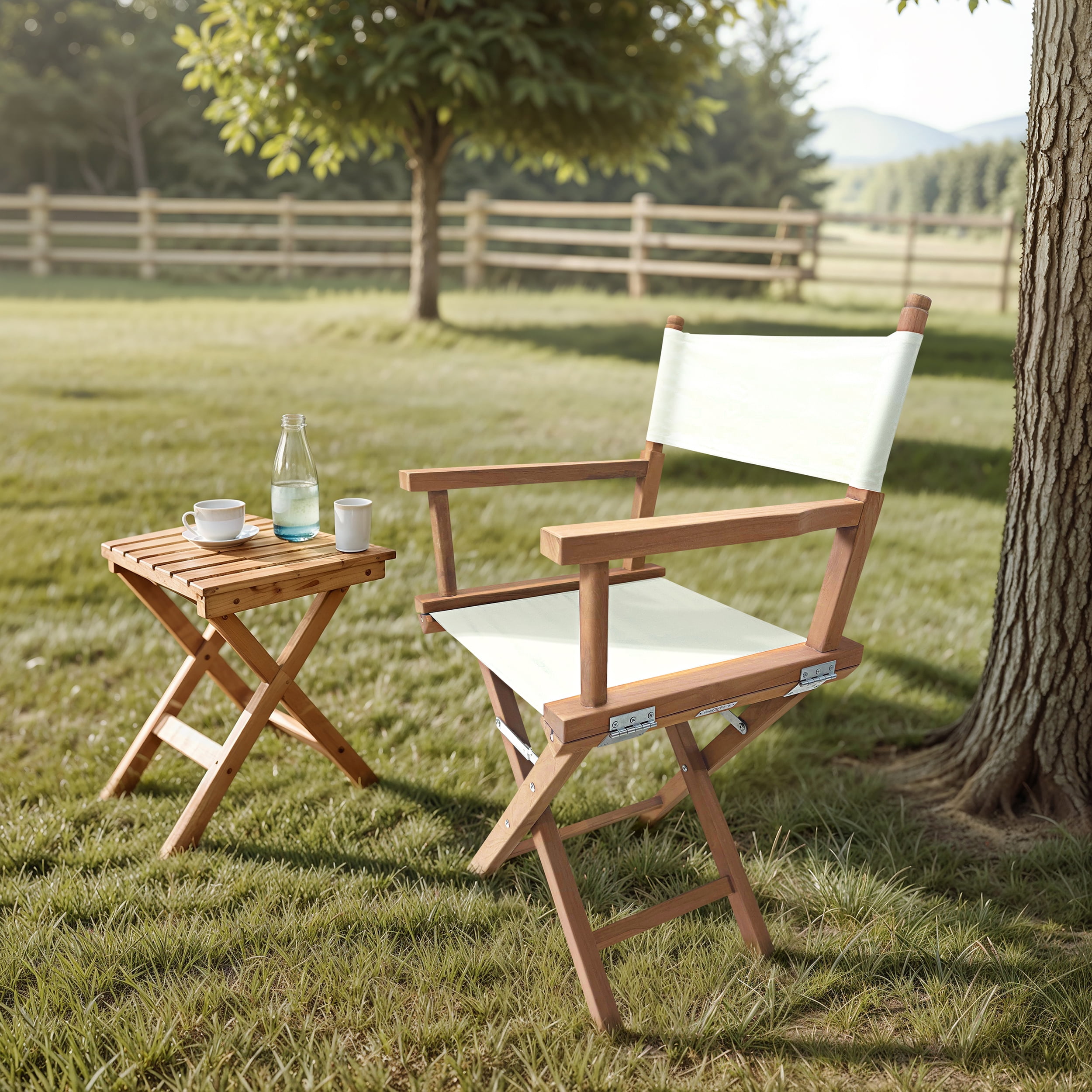 White Teak Director Chair with Fabric Sling Seat