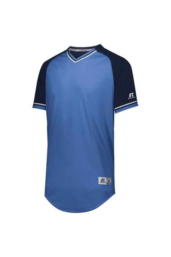 R01X3B.614.S Youth Classic V-Neck Baseball Jersey, Columbia Blue & Navy & White - Small