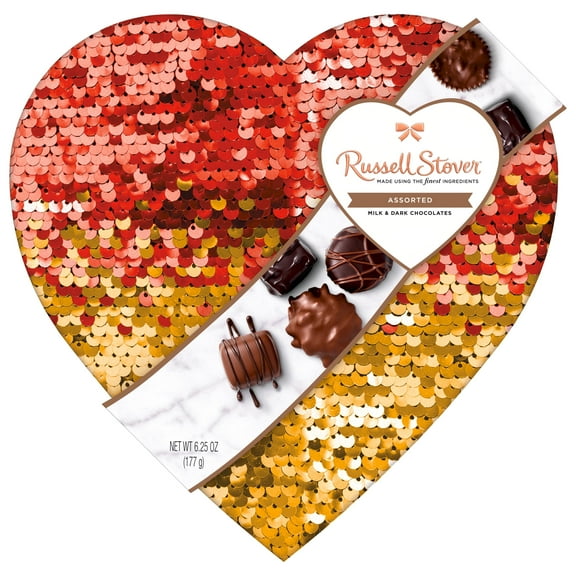 RUSSELL STOVER Valentine's Day Sequin Heart Assorted Milk & Dark Chocolate Gift Box, 6.25 oz. (11 pieces)