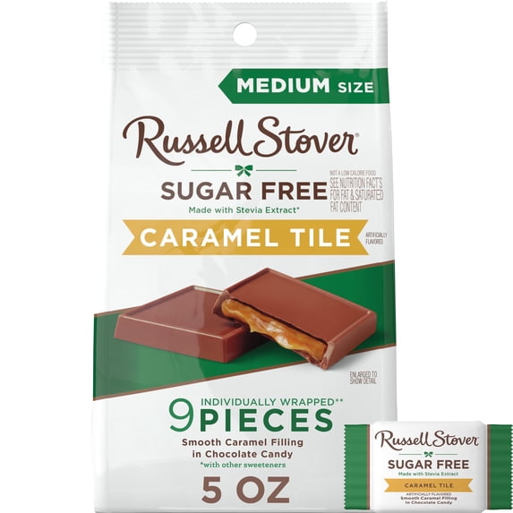 RUSSELL STOVER Sugar Free Caramel Chocolate Candy Tiles, 5 oz. bag