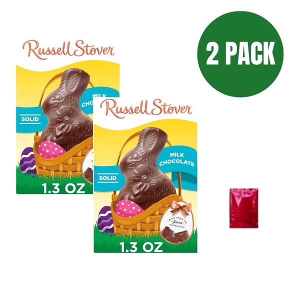 Russell Stover Easter Solid Milk Chocolate Bunny (Pack of 2), 1.3 oz Classic Easter Basket Stuffer with Bonus LaPrima Morceau Bonbon