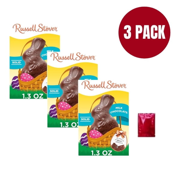 Russell Stover Easter Solid Milk Chocolate Bunny (Pack of 3), 1.3 oz Premium Easter Basket Candy with Bonus LaPrima Morceau Bonbon