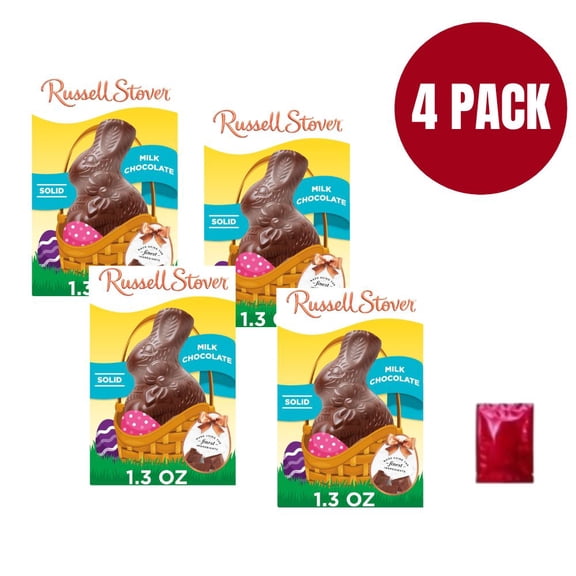 Russell Stover Easter Solid Milk Chocolate Bunny (Pack of 4), 1.3 oz Bulk Easter Basket Candy with Bonus LaPrima Morceau Bonbon