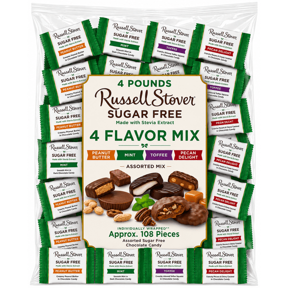 Russell Stover Sugar-Free, 4 Flavor Mix, Individually Wrapped, Bulk Chocolate Candy Bars (4 Pounds)