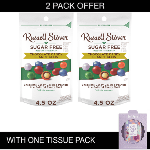Russell Stover Sugar Free Chocolate Candy Peanut Gems with Stevia Extract, 4.5 oz Each with Tissue Pack