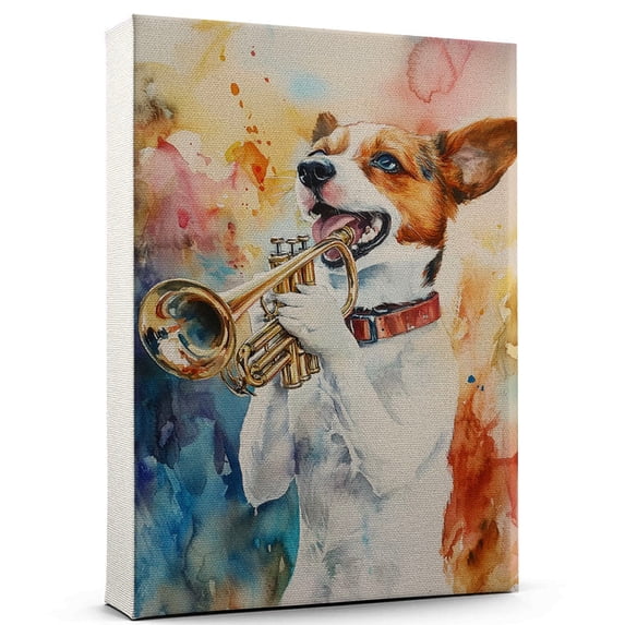 Russell Terrier Dog Canvas Trumpet Stretched Canvas Size 8x12 – Funny Russell Terrier Dog Canvas Wall Decor, Funny Dog Wall Art for Trumpet Room