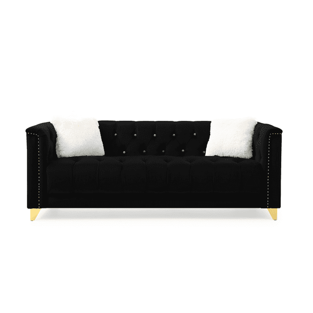 Russell Tufted Upholstery Sofa Finished with Velvet Fabric in Black ...