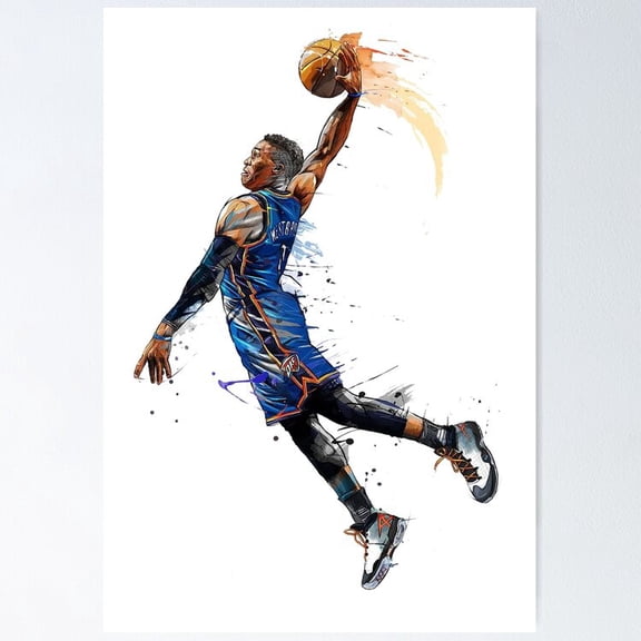 Russell Westbrook Thunderous Driving Slam Dunk Explosive Athletic Sports Wall Art, Unframed Poster