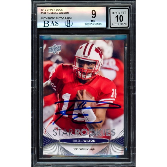 Russell Wilson Autographed 2012 Upper Deck Rookie Card #134 Wisconsin Badgers BGS 9 Auto Grade Gem Mint 10 Beckett BAS 214873