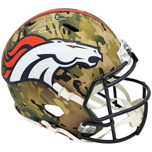 Russell Wilson Autographed Denver Broncos Camo Salute to Service Full Size Replica Speed Helmet Fanatics Holo 227943
