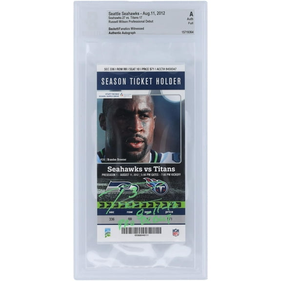 Russell Wilson Seattle Seahawks Autographed Ticket with "8-11-12" and "Pro Debut" Inscriptions - Signed in Green Ink - BAS Authenticated - Fanatics Authentic Certified