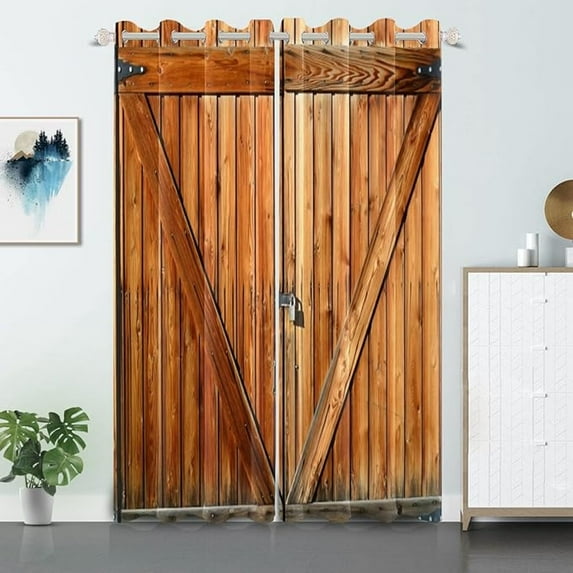 Russet Wooden Door Window Curtains Old Garage Door Curtains Rustic Barn Door Curtains Vintage Wood Planks Rural Style Native Country Farmhouse Drape Treatments 53"W x 96"L (Pack of 2)