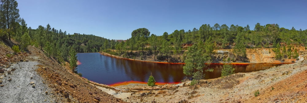 Russet colored waters near mine Pena De Hierro Rio Tinto Huelva Province Spain Canvas Art - Panoramic Images (36 x 12)