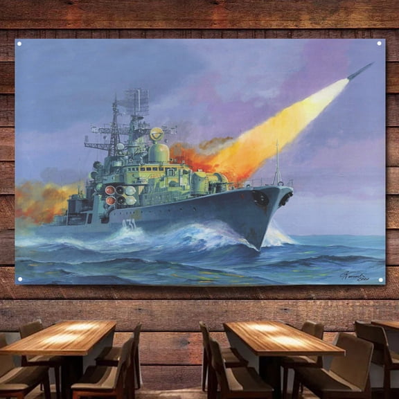 Russia Modern Destroyer Battleship Wall Art Banners Hanging Flags Wall Chart Warship Art Poster Canvas Print Art Painting Home Decor Tapestry Best Gifts for Military Fans,38X57 inches