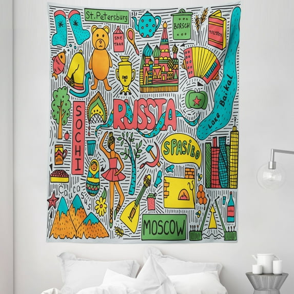 Russia Tapestry, Themed Cartoonish Graphic of Colorful Landmark Print, Fabric Wall Hanging Decor for Bedroom Living Room Dorm, 5 Sizes, Multicolor, by Ambesonne