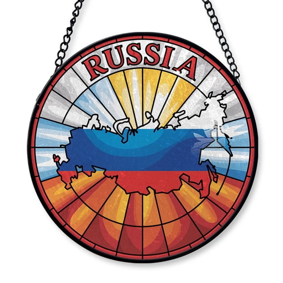 Russia Travel Decor Suncatcher Stained Glass Window Hanging, Gift for Traveller, Collection of Country Travel Souvenirs for Family and Friends, Russia Map and Flag Décor